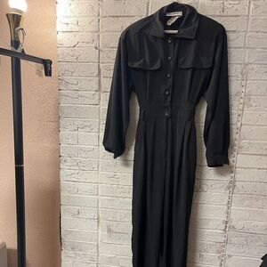 Vintage 80s Joan Walters Womens 6 Black Pleated Surplice Long Sleeve Jumpsuit